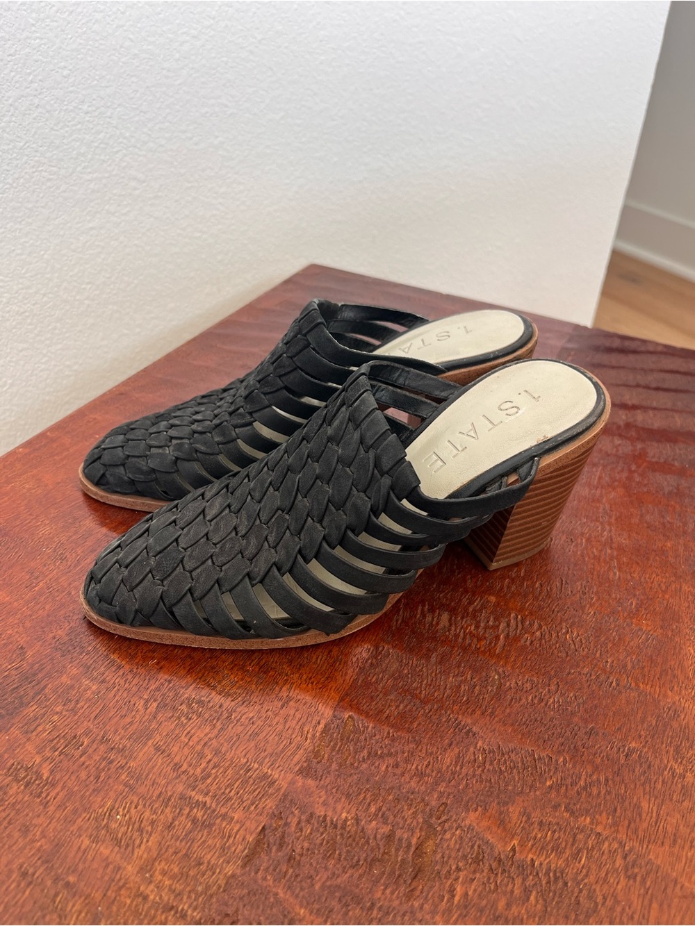 1. State Licha Black leather Woven Stacked Wooden Heel Mules Boho Western sz 6.5